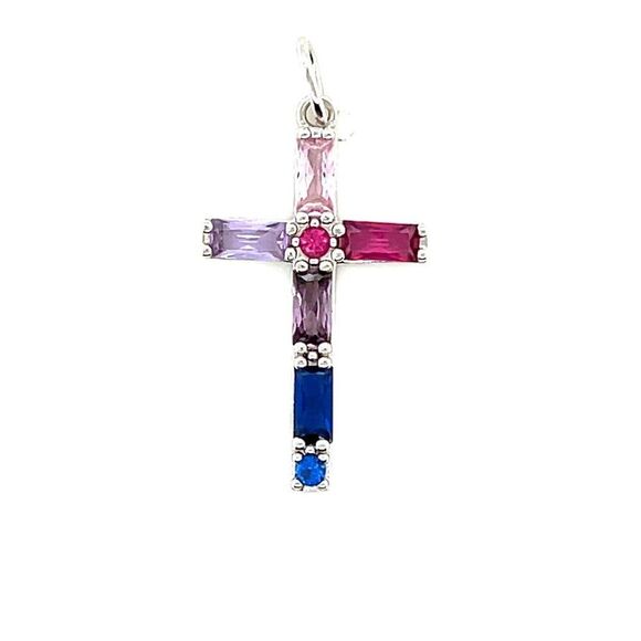 925 Silver Multicolor Stones Cross Pendant - Picture 1 of 4